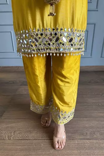 Yellow chinon kurta pant set with real mirror work