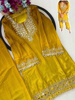 Yellow chinon kurta pant set with real mirror work 4