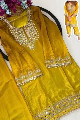 Yellow chinon kurta pant set with real mirror work