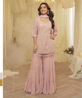 Pink georgette sequins sharara suit set 1