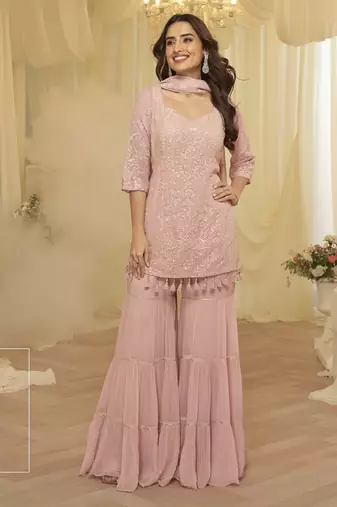 Pink georgette sequins sharara suit set