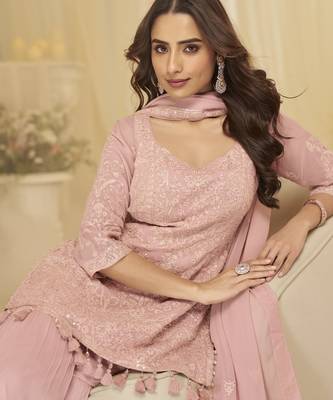 Pink georgette sequins sharara suit set 2
