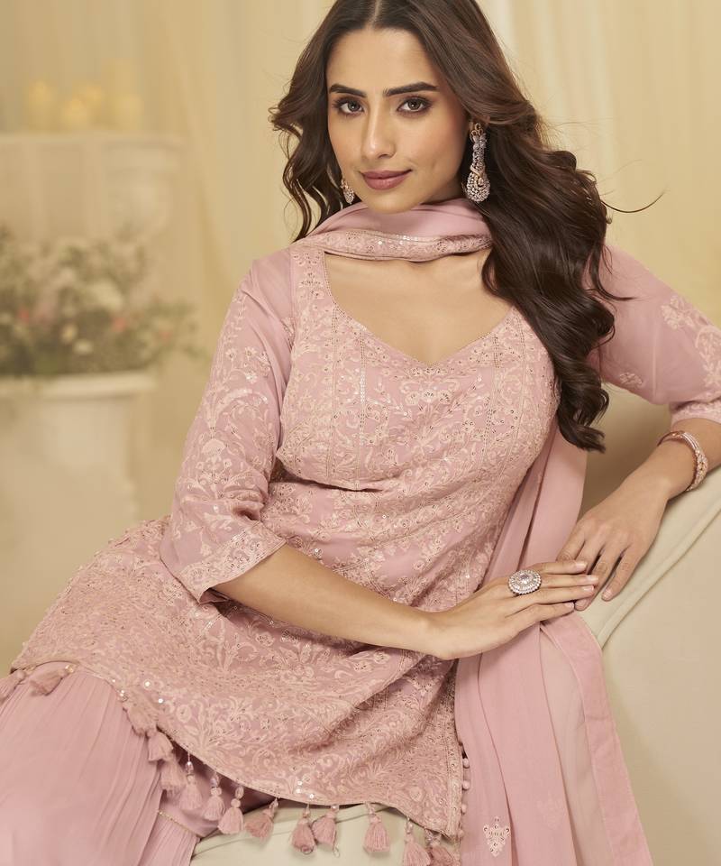 Pink georgette sequins sharara suit set