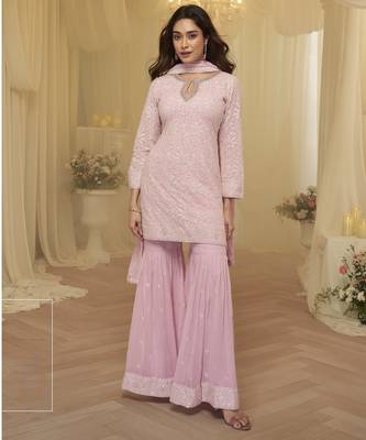 Pink georgette sequins sharara suit set 1
