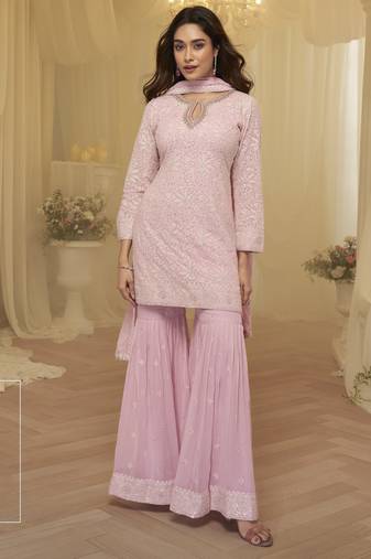 Pink georgette sequins sharara suit set