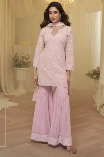 Pink georgette sequins sharara suit set