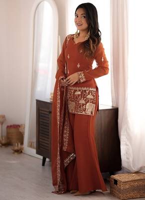 Rust embroidered kurti set with dupatta & pants 1