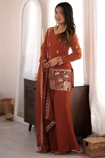 Rust embroidered kurti set with dupatta & pants