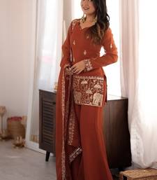 Rust embroidered kurti set with dupatta & pants