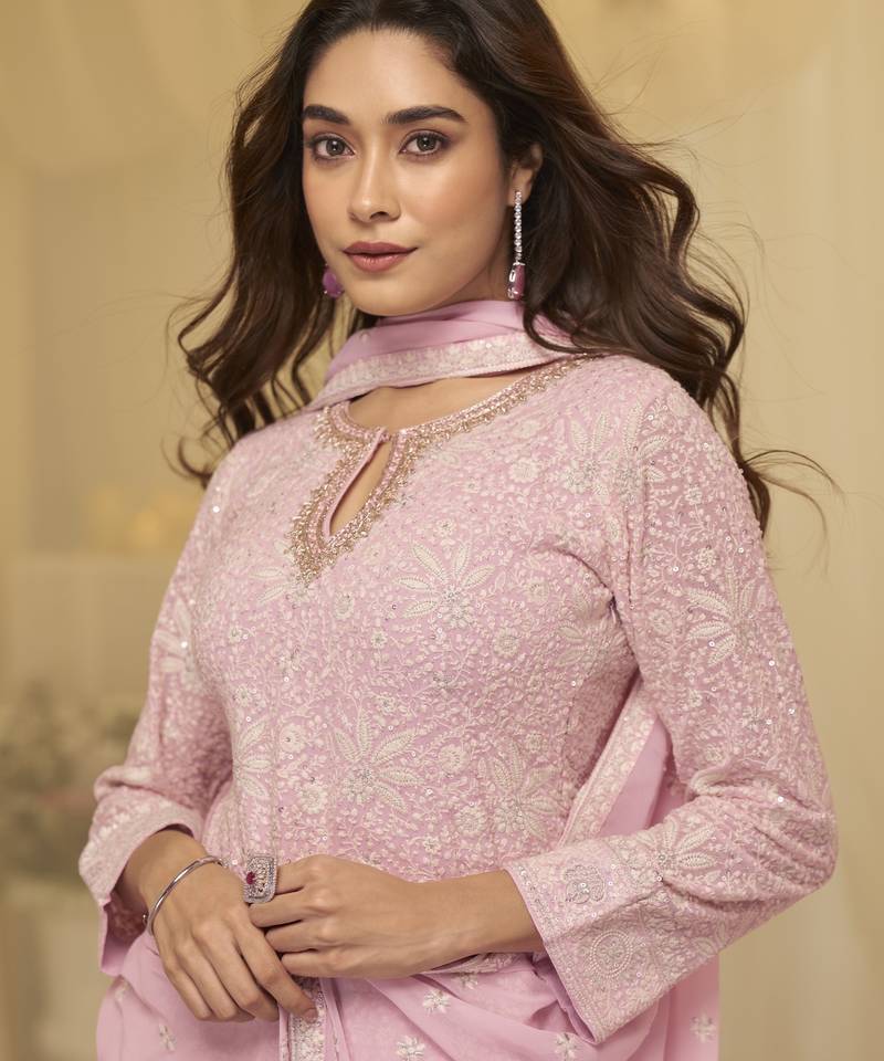 Pink georgette sequins sharara suit set