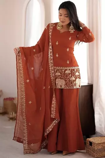 Rust embroidered kurti set with dupatta & pants
