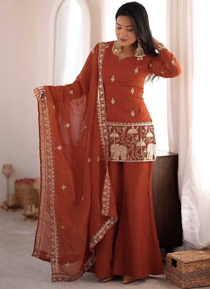 Rust embroidered kurti set with dupatta & pants