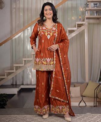 Copper sindoori satin silk blend embroidered palazzo suit 1