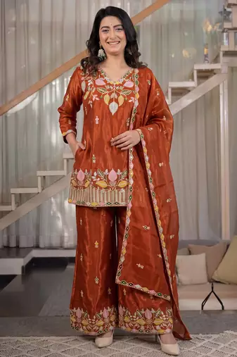 Copper sindoori satin silk blend embroidered palazzo suit