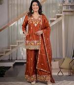 Copper sindoori satin silk blend embroidered palazzo suit