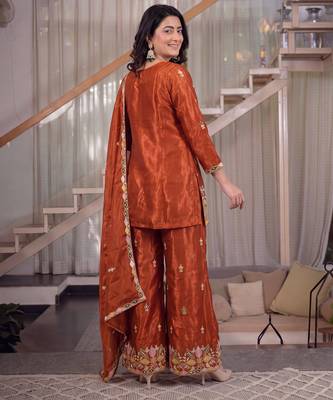 Copper sindoori satin silk blend embroidered palazzo suit 2
