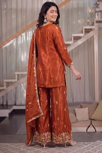 Copper sindoori satin silk blend embroidered palazzo suit