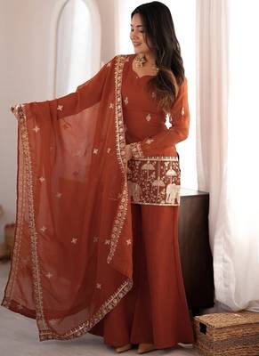 Rust embroidered kurti set with dupatta & pants 4