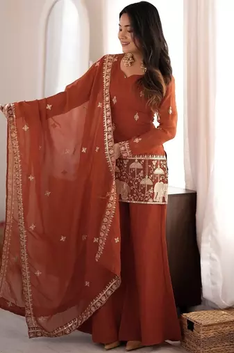 Rust embroidered kurti set with dupatta & pants