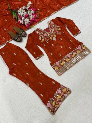 Copper sindoori satin silk blend embroidered palazzo suit 3