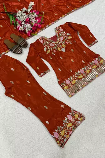 Copper sindoori satin silk blend embroidered palazzo suit