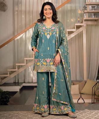 Teal blue sindoori satin silk blend embroidered palazzo suit 1