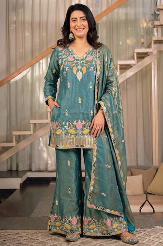 Teal blue sindoori satin silk blend embroidered palazzo suit