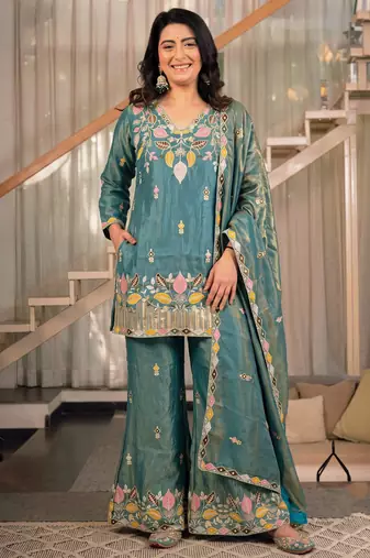 Teal blue sindoori satin silk blend embroidered palazzo suit