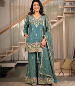 Teal blue sindoori satin silk blend embroidered palazzo suit