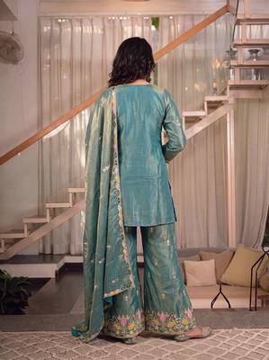 Teal blue sindoori satin silk blend embroidered palazzo suit 2