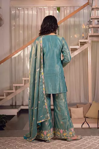 Teal blue sindoori satin silk blend embroidered palazzo suit
