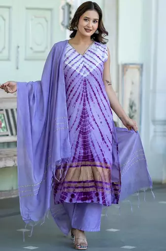Abstract Printed V-Neck Pure Silk Kurta With Trousers & Dupatta