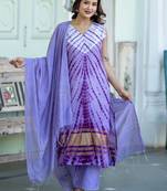 Abstract Printed V-Neck Pure Silk Kurta With Trousers & Dupatta