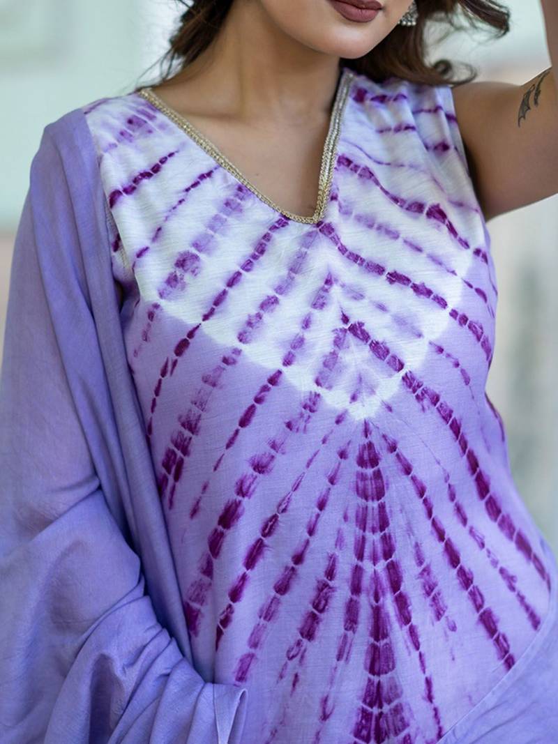 Abstract Printed V-Neck Pure Silk Kurta With Trousers & Dupatta