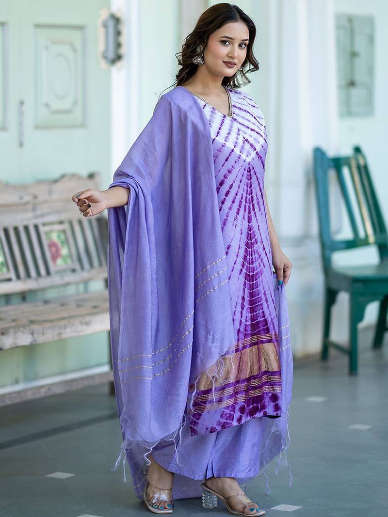 Abstract Printed V-Neck Pure Silk Kurta With Trousers & Dupatta