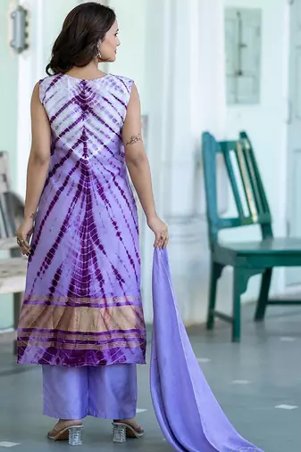 Abstract Printed V-Neck Pure Silk Kurta With Trousers & Dupatta
