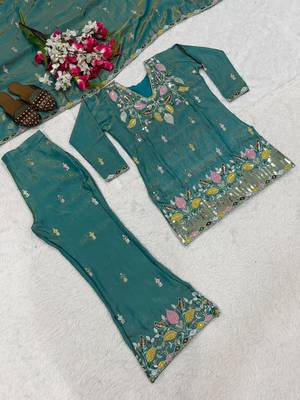 Teal blue sindoori satin silk blend embroidered palazzo suit 3