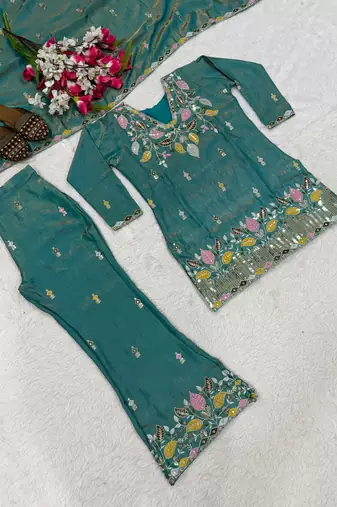 Teal blue sindoori satin silk blend embroidered palazzo suit