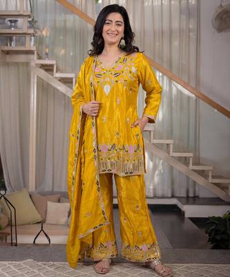 Yellow sindoori satin silk blend embroidered palazzo suit 1