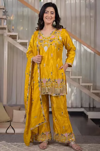 Yellow sindoori satin silk blend embroidered palazzo suit