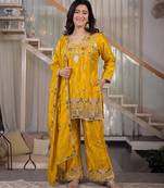 Yellow sindoori satin silk blend embroidered palazzo suit