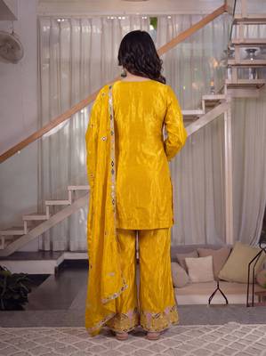 Yellow sindoori satin silk blend embroidered palazzo suit 2