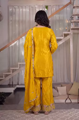Yellow sindoori satin silk blend embroidered palazzo suit