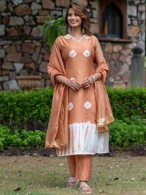 Bandhani Dyed V-Neck Pure Silk Straight Kurta With Trousers & Dupatta 1