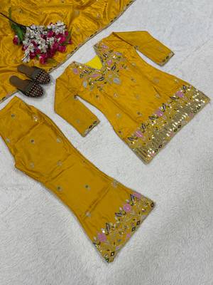 Yellow sindoori satin silk blend embroidered palazzo suit 3