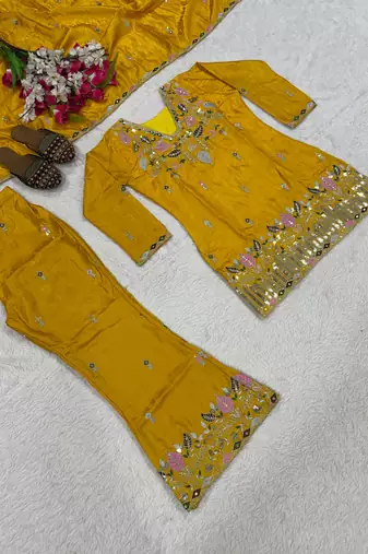 Yellow sindoori satin silk blend embroidered palazzo suit