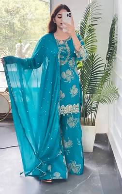 Teal blue embroidered kurta set with palazzo and dupatta for women 1
