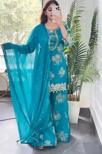 Teal blue embroidered kurta set with palazzo and dupatta for women