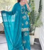 Teal blue embroidered kurta set with palazzo and dupatta for women