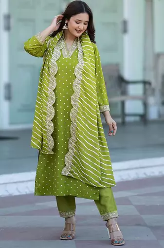 Women Bandhani Printed Empire Thread Work Kurta with Trousers & With Dupatta